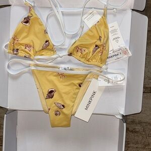 BRAND NEW NEVER WORN WITH TAGS!!*MINKPINK Yellow Shell-Print Triangle Bikini Set